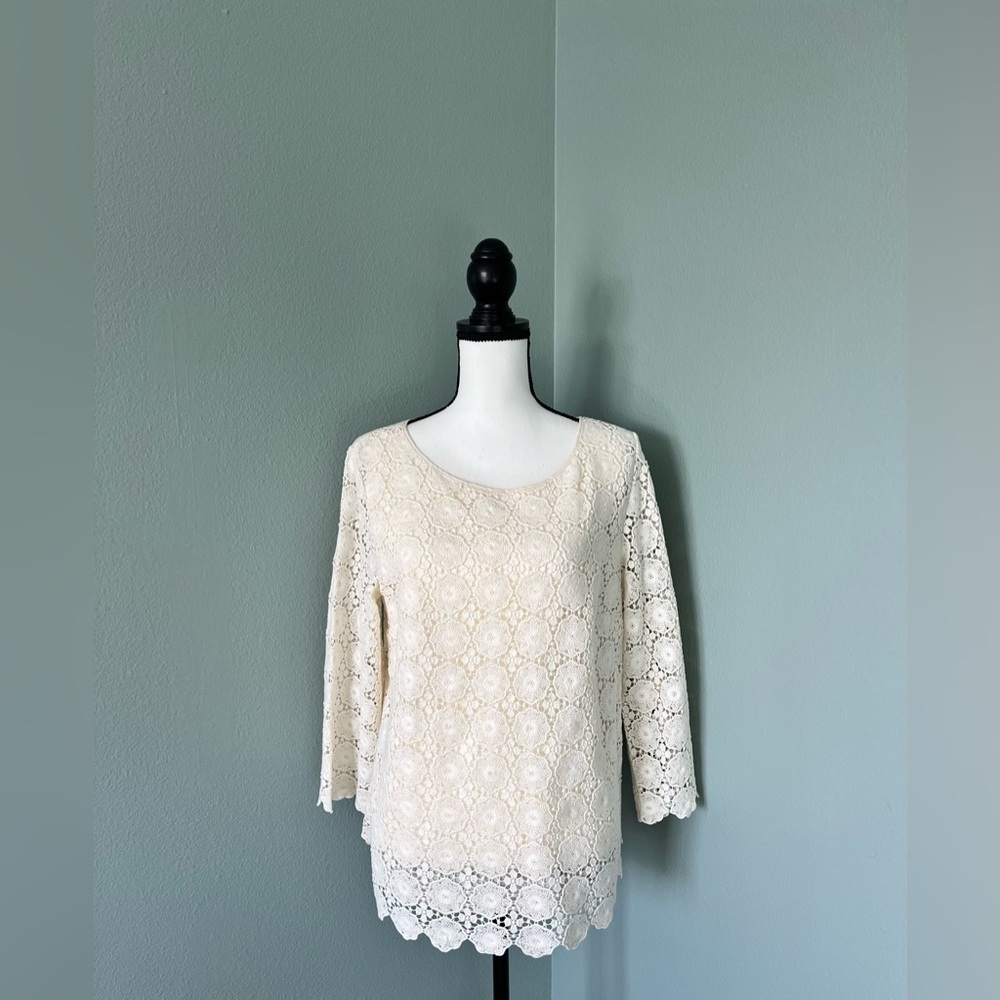 Talbots Women's Top Shirt Ivory Crochet Lace Lined 3/4 Sleeve Zip Size 16